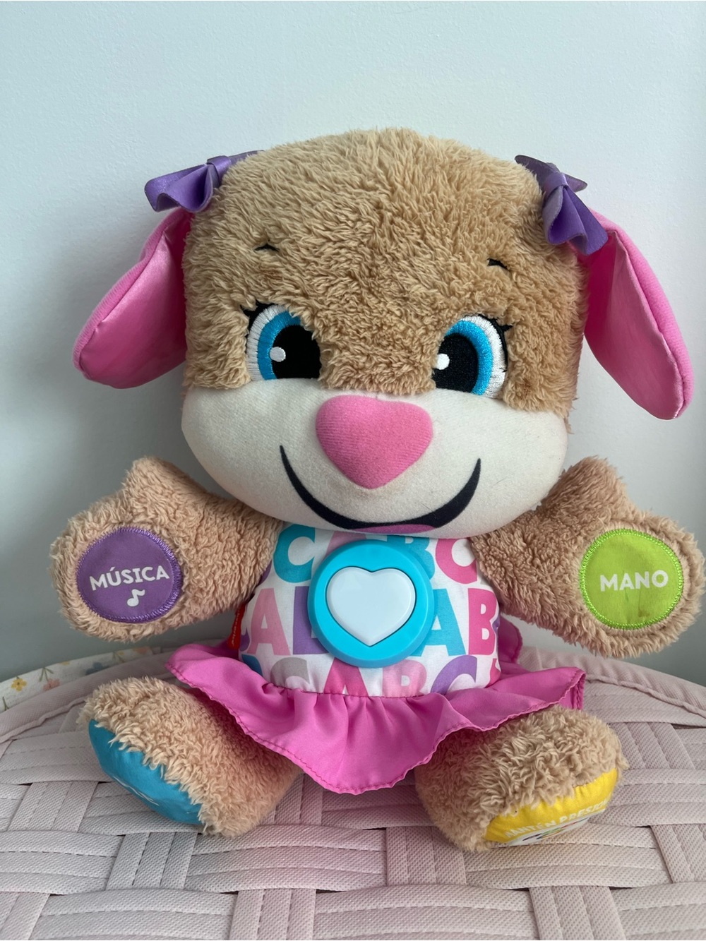 Plush Interactive Puppy Toy in Brown & Pink with Blue Heart Button